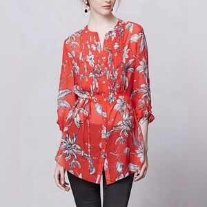Leifsdottir 100% Silk Red Floral Sheer Blouse